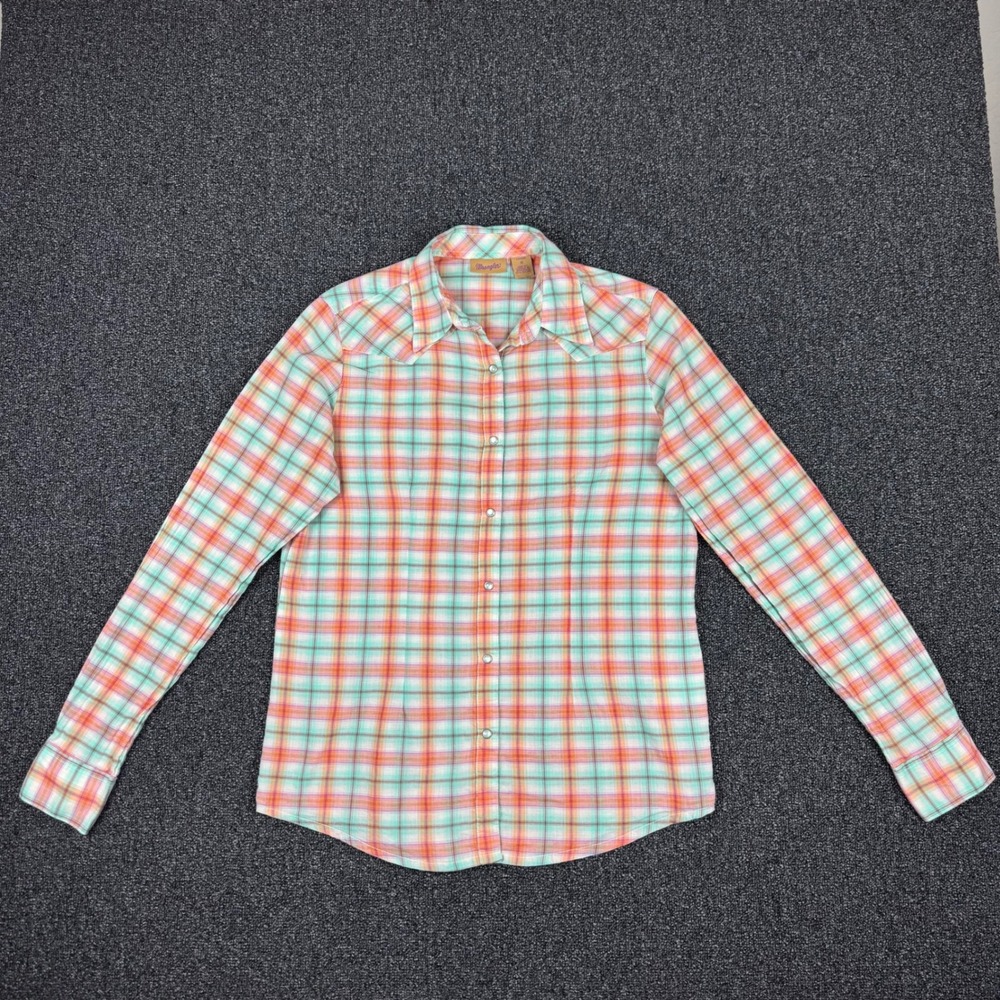 Wrangler Plaid Western Snap Button Shirt Womens Medium Orange Teal EXCELLENT